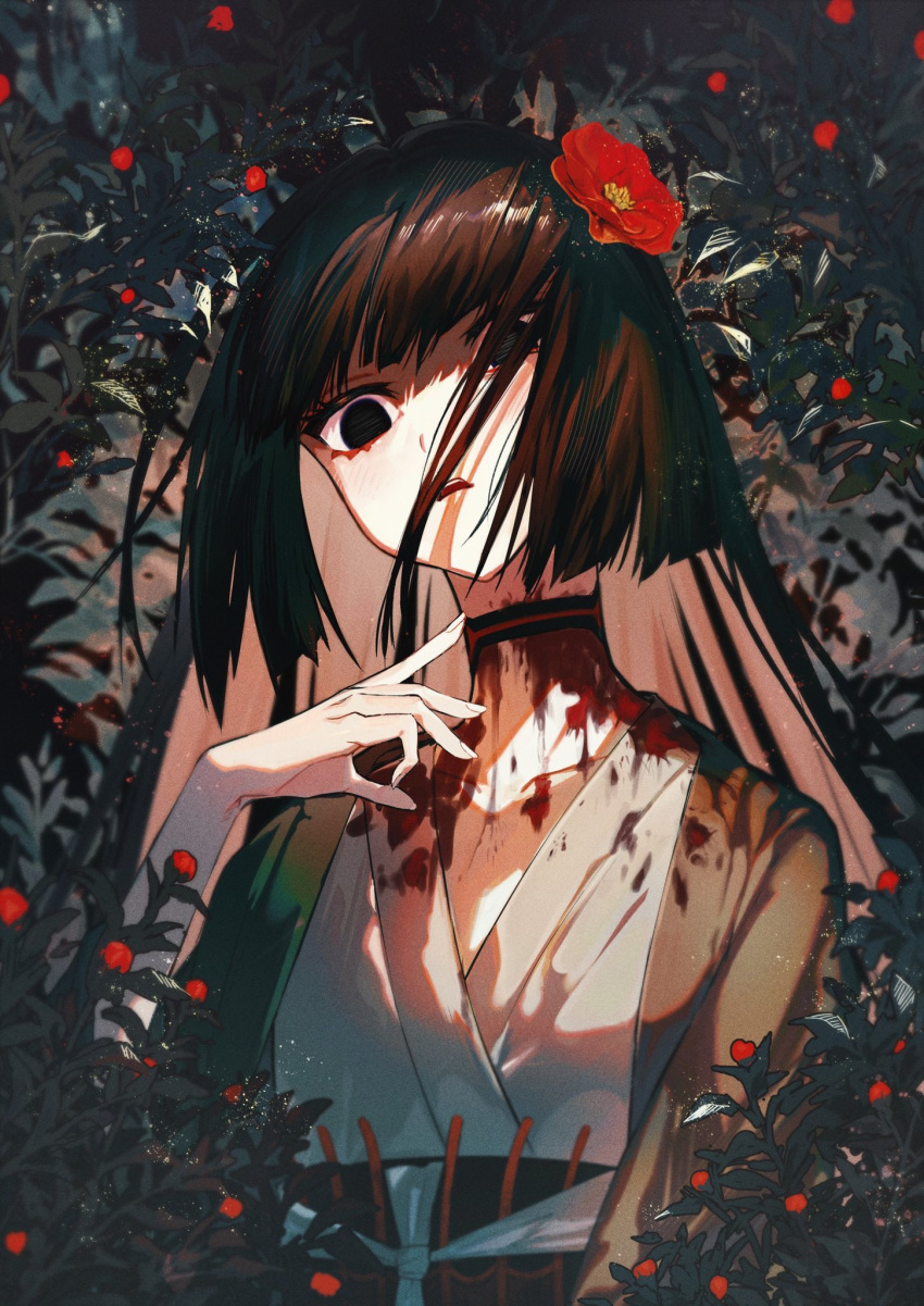 1girl bangs berry black_choker black_eyes black_hair black_kimono blood blood_on_clothes blunt_bangs blunt_ends blurry blurry_foreground camellia choker collarbone creepy_eyes empty_eyes fate/grand_order fate_(series) floating_hair floral_background flower hair_flower hair_ornament hair_over_one_eye hand_up head_tilt highres hime_cut holly injury japanese_clothes kimono komahime_(fate) light_blush long_hair looking_at_viewer obi open_mouth ota_(ota-0000) pale_skin plant red_flower sash sen_no_rikyu_(fate) slit_throat solo upper_body white_kimono