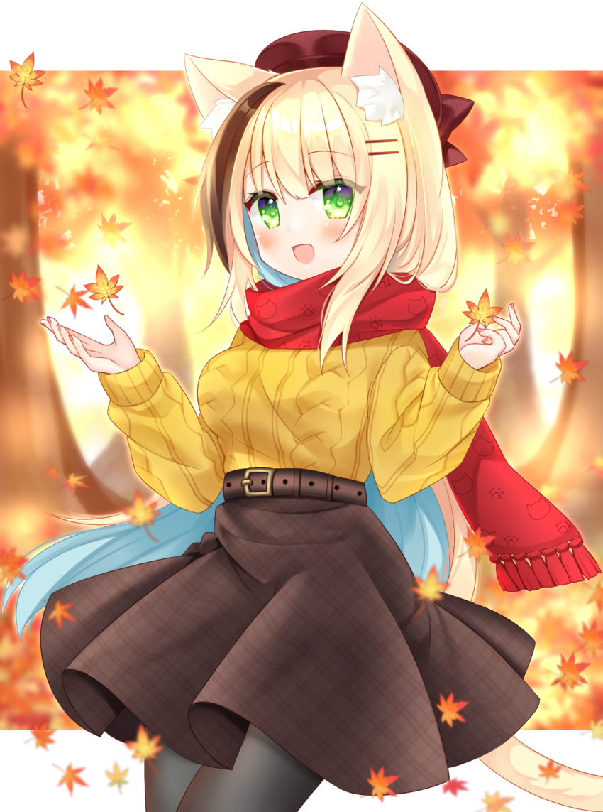 1girl :d animal_ear_fluff animal_ears aran_sweater autumn_leaves bangs beret black_hair black_pantyhose blonde_hair blue_hair breasts brown_headwear brown_skirt cat_ears cat_girl cat_tail commentary_request fringe_trim green_eyes hair_ornament hairclip hands_up hat highres leaf long_hair long_sleeves looking_away maple_leaf medium_breasts multicolored_hair original pantyhose plaid plaid_skirt puffy_long_sleeves puffy_sleeves red_scarf scarf shikito skirt sleeves_past_wrists smile solo streaked_hair sweater tail tree two-tone_hair very_long_hair yellow_sweater
