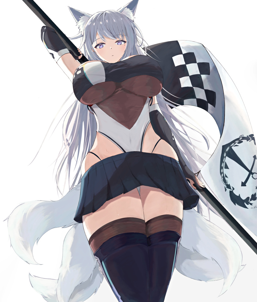 1girl animal_ear_fluff animal_ears azur_lane boots breasts bridal_gauntlets checkered_flag duosix_setsu0408 elbow_gloves flag fox_ears fox_girl fox_tail gloves grey_hair highres holding holding_flag kitsune kyuubi microskirt multiple_tails official_alternate_costume panty_straps race_queen shinano_(azur_lane) shinano_(moonlit_chrome)_(azur_lane) simple_background skirt solo tail thighhighs thighhighs_under_boots underboob white_background white_tail