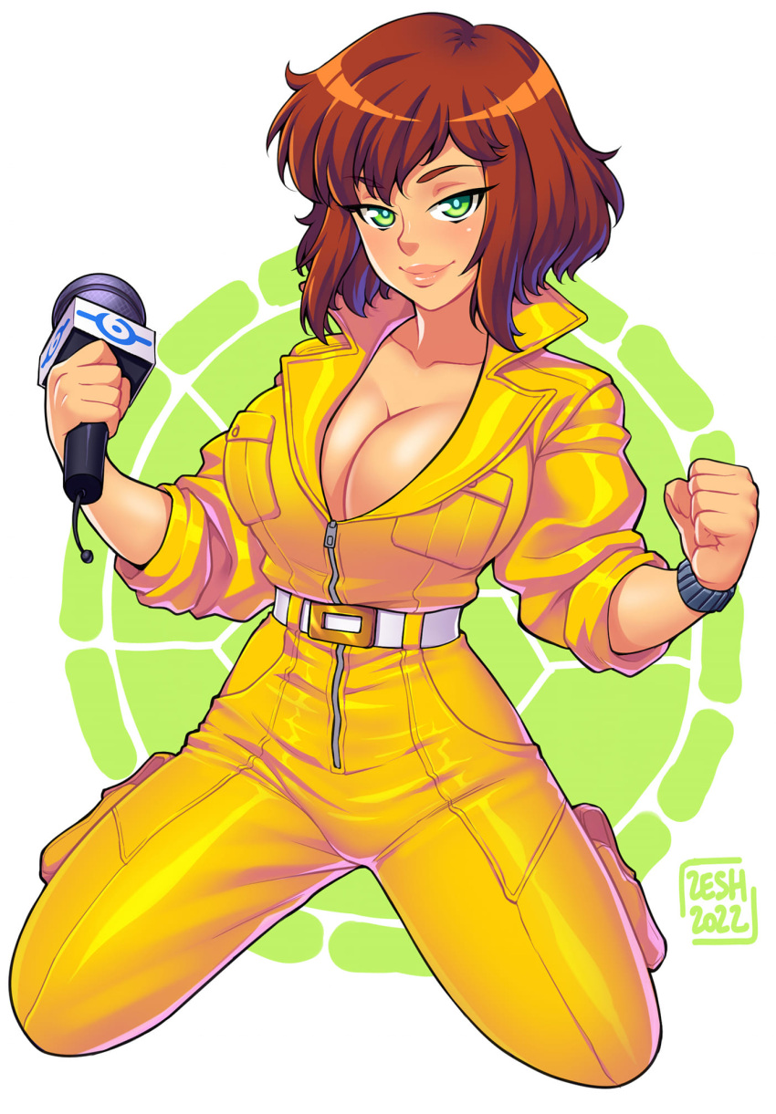 1girl 2022 animification april_o'neil artist_name belt breasts brown_hair cleavage closed_mouth full_body green_eyes highres holding holding_microphone jumpsuit lips looking_at_viewer microphone seiza short_hair simple_background sitting smile solo teenage_mutant_ninja_turtles white_background yellow_jumpsuit zeshgolden zipper