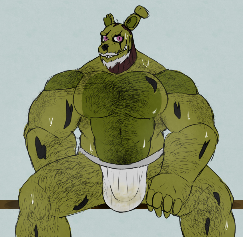 absurd_res animatronic anthro armpit_hair beard bodily_fluids body_hair chest_hair clothing facial_hair five_nights_at_freddy's five_nights_at_freddy's_3 hi_res humanoid jockstrap jockstrap_only lagomorph leporid machine male mammal muscular muscular_anthro muscular_male nastybluepal pecs pubes rabbit robot sauna scar scottgames simple_background smelly solo spread_legs spreading springtrap_(fnaf) springtrap_sanctuary steam sweat underwear video_games