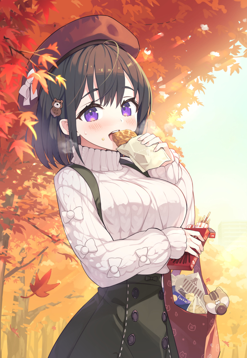 1girl :d autumn autumn_leaves bag bangs bear_hair_ornament beret black_hair black_skirt blush branch breasts commentary_request croquette food food_on_face hair_between_eyes hair_ornament hat high-waist_skirt highres holding holding_food large_breasts long_sleeves looking_at_viewer original pocky puffy_long_sleeves puffy_sleeves purple_eyes red_headwear skirt sleeves_past_wrists smile solo suspender_skirt suspenders sweat sweater tam-u teeth thick_eyebrows tree turtleneck turtleneck_sweater upper_teeth white_sweater