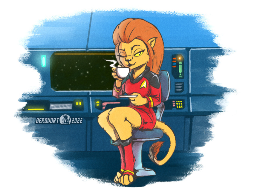 2022 alternate_species anthro beverage clothing container cup felid feline female furrification gerovort hair long_hair m'ress mammal one_eye_closed signature solo star_trek star_trek_the_animated_series uniform wink