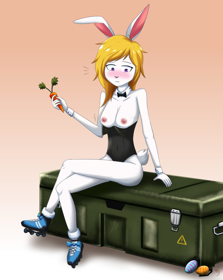 absurd_res anthro blonde_hair blue_clothing blue_footwear blue_shoes blush bow_tie box breasts bunny_costume carrot clothed clothing container costume crate crossed_legs digital_media_(artwork) dress easter easter_bunny easter_egg egg female food footwear gradient_background hair hi_res holding_object holidays inline_skates lagomorph leporid long_hair mammal medium_breasts nipple_slip nipples one_piece_suit partially_clothed plant purple_eyes rabbit rabbit_ears railjet roller_skates shoes simple_background sitting skye_(railjet) solo surprised_expression surprised_face vegetable white_body white_tail