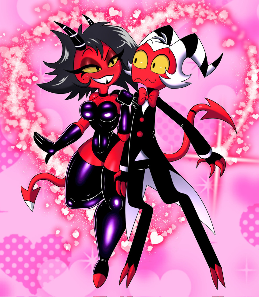 &lt;3 2022 abstract_background beauty_mark black_hair black_pupils bow_tie breasts canon_couple clothing curvaceous curvy_figure demon demon_humanoid digital_drawing_(artwork) digital_media_(artwork) drawsfigures duo eyelashes feet female fingers gloves hair handwear helluva_boss hi_res holidays hooves horn horned_humanoid hourglass_figure humanoid husband husband_and_wife imp latex latex_gloves latex_stockings legwear leotard long_tail male male/female markings married_couple millie_(helluva_boss) mole_(marking) moxxie_(helluva_boss) pupils red_body red_skin rubber rubber_clothing rubber_suit short_hair simple_background small_waist spade_tail suit thick_thighs thigh_highs tooth_gap valentine's_day voluptuous white_hair wide_hips wife yellow_sclera