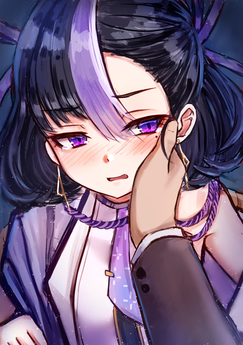1boy 1girl absurdres bangs bare_shoulders black_hair blush commander_(nikke) earrings goddess_of_victory:_nikke hair_between_eyes hand_on_another's_cheek hand_on_another's_face highres jewelry jimpu6 light_particles long_sleeves looking_to_the_side mole mole_under_eye multicolored_hair open_mouth purple_eyes purple_hair sleeveless solo_focus standing streaked_hair syuen_(nikke)