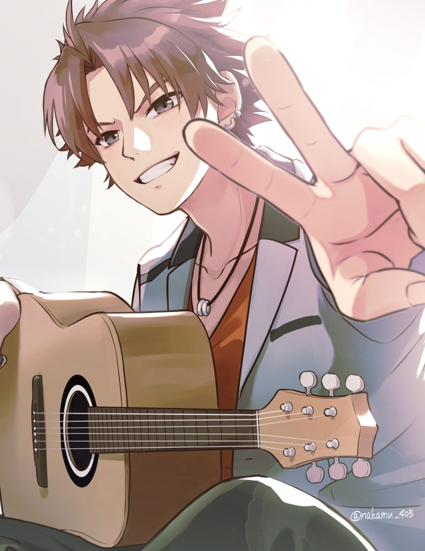 1boy absurdres acoustic_guitar artist_name black_eyes black_pants blue_jacket brown_hair cropped_legs ear_piercing fingernails grin guitar hariya_kounoshin highres holding holding_instrument instrument jacket jewelry looking_at_viewer low_neckline male_focus nakamu_405 necklace orange_shirt pants piercing shirt sitting smile tokimeki_memorial tokimeki_memorial_girl's_side tokimeki_memorial_girl's_side_2nd_kiss v