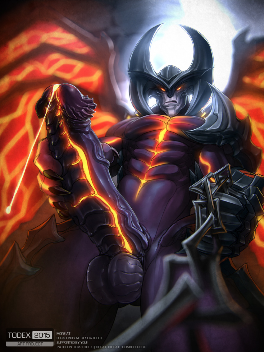 2015 aatrox_(lol) armor balls big_penis bodily_fluids cum demon erection first_person_view genital_fluids genitals glowing glowing_cum hi_res huge_penis humanoid league_of_legends leash looking_at_viewer low-angle_view male masturbation muscular muscular_male penis precum riot_games solo todex unconvincing_armor unseen_character unusual_bodily_fluids unusual_cum unusual_genital_fluids video_games watermark wings