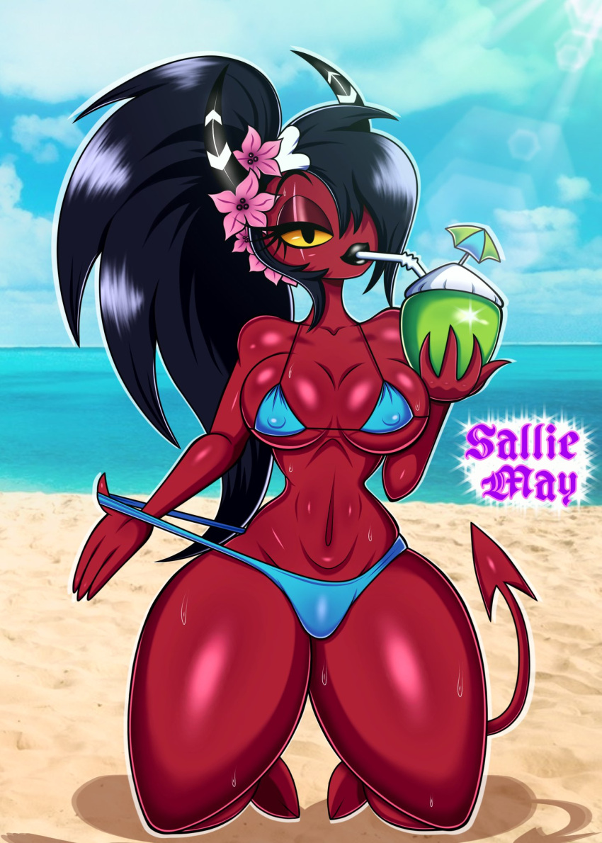2022 accessory beach beverage big_breasts bikini bikini_pull black_hair black_lips black_pupils bodily_fluids breasts clothed clothing clothing_pull coconut coconut_drink curvaceous curvy_figure demon demon_humanoid detailed_background digital_drawing_(artwork) digital_media_(artwork) drawsfigures drupe_(fruit) eyelashes feet female fingers flower flower_in_hair food fruit hair hair_accessory hair_over_eye helluva_boss hi_res hooves horn horned_humanoid hourglass_figure humanoid imp kneeling lips long_hair long_tail looking_at_viewer navel nipple_outline one_eye_obstructed outside plant ponytail pupils red_body red_skin sallie_may_(helluva_boss) sea seaside skimpy skimpy_bikini small_waist solo spade_tail straw sweat swimwear swimwear_pull thick_thighs under_boob v-cut voluptuous water wide_hips yellow_sclera