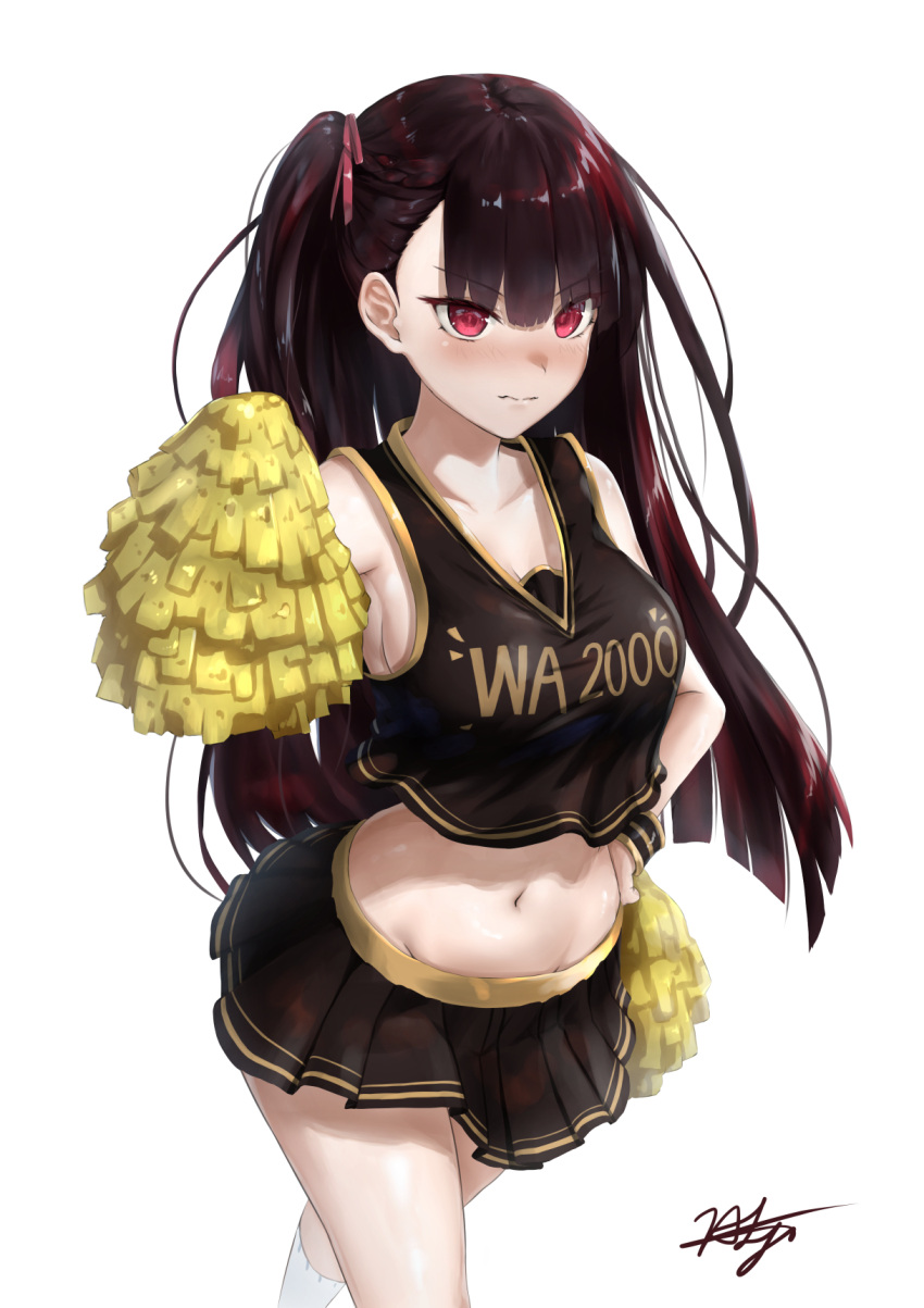 1girl bangs blush breasts chaciooh cheerleader closed_mouth clothes_writing collarbone commentary_request crop_top girls'_frontline hair_ribbon half_updo hand_on_hip highres kneehighs large_breasts long_hair looking_at_viewer midriff navel one_side_up pleated_skirt pom_pom_(cheerleading) purple_hair red_eyes red_ribbon revision ribbon sidelocks signature simple_background skirt sleeveless socks solo standing very_long_hair wa2000_(girls'_frontline) white_background white_socks wristband