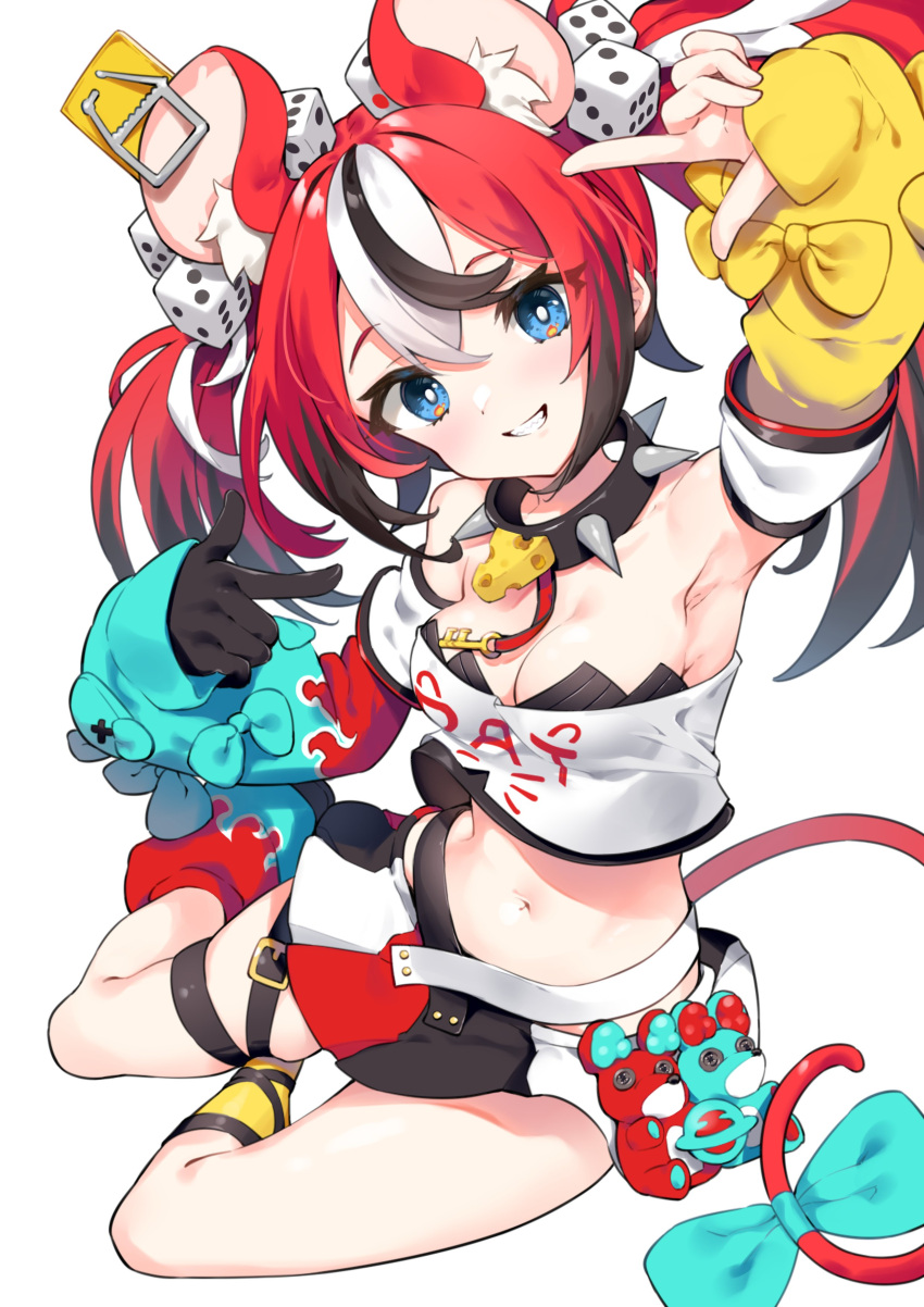 1girl absurdres animal_ears arm_up armpits bangs bare_shoulders black_gloves black_hair blue_bow blue_eyes blue_sleeves bow breasts cleavage commentary_request crop_top detached_sleeves dice_hair_ornament gloves grin hair_between_eyes hair_ornament hakos_baelz hand_up head_tilt highres hololive hololive_english korean_commentary kutata long_sleeves looking_at_viewer medium_breasts midriff mouse_ears mouse_girl mouse_tail mousetrap multicolored_hair navel puffy_long_sleeves puffy_sleeves red_hair shirt simple_background single_glove sitting skirt smile solo strapless strapless_shirt streaked_hair tail tail_bow tail_ornament twintails two-tone_hair virtual_youtuber white_background white_hair white_shirt white_skirt yellow_sleeves