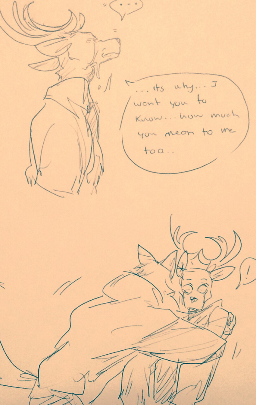 anthro antlers beastars bodily_fluids canid canine canis cervid clothed clothing comforting crying dialogue duo embrace english_text eyes_closed fully_clothed hi_res horn hug legoshi_(beastars) louis_(beastars) male male/male mammal surprised_expression tears text wide_eyed wuffinarts