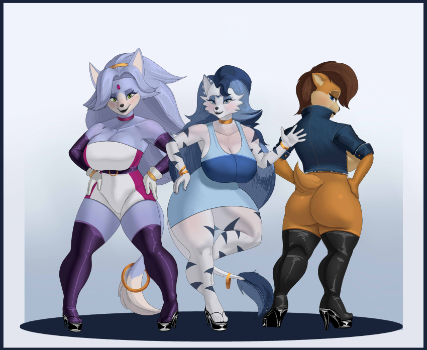 absurd_res anthro big_breasts big_butt blush breasts butt chipmunk clothing domestic_cat felid feline felis female footwear ground_squirrel group hi_res high_heels mammal pancarta pantherine rodent sciurid tiger trio