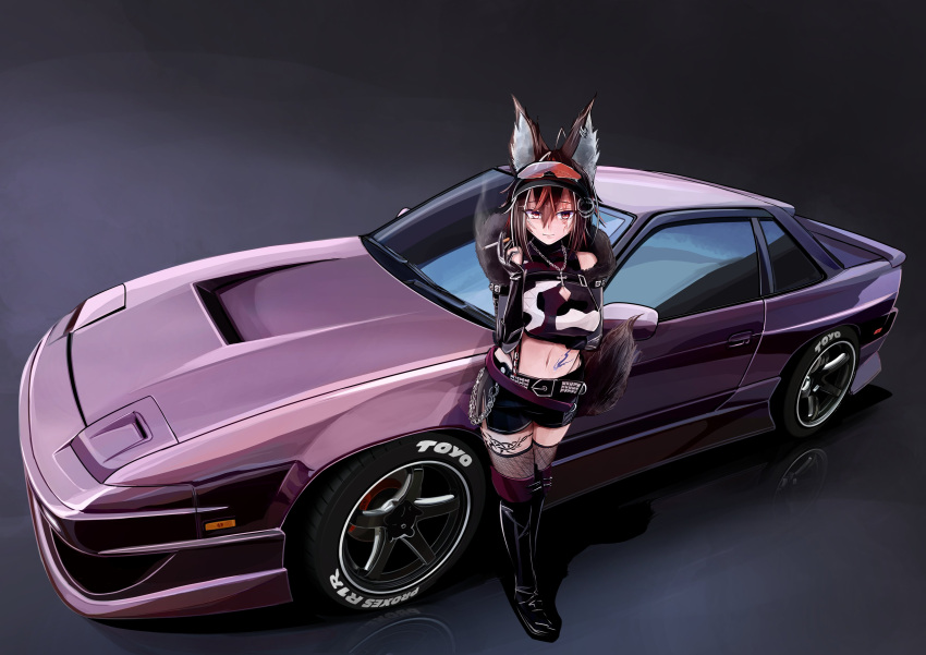 1girl 3books absurdres animal_ear_fluff animal_ears arm_under_breasts belt black_background black_belt black_footwear black_gloves black_headwear black_shorts black_thighhighs boots breasts car cigarette cleavage eyewear_on_head gloves ground_vehicle hair_between_eyes highres holding holding_cigarette knee_boots medium_breasts motor_vehicle nissan_s13_silvia shorts smile smoking solo tail thighhighs vehicle_focus visor_cap vrchat wolf_ears wolf_girl wolf_tail