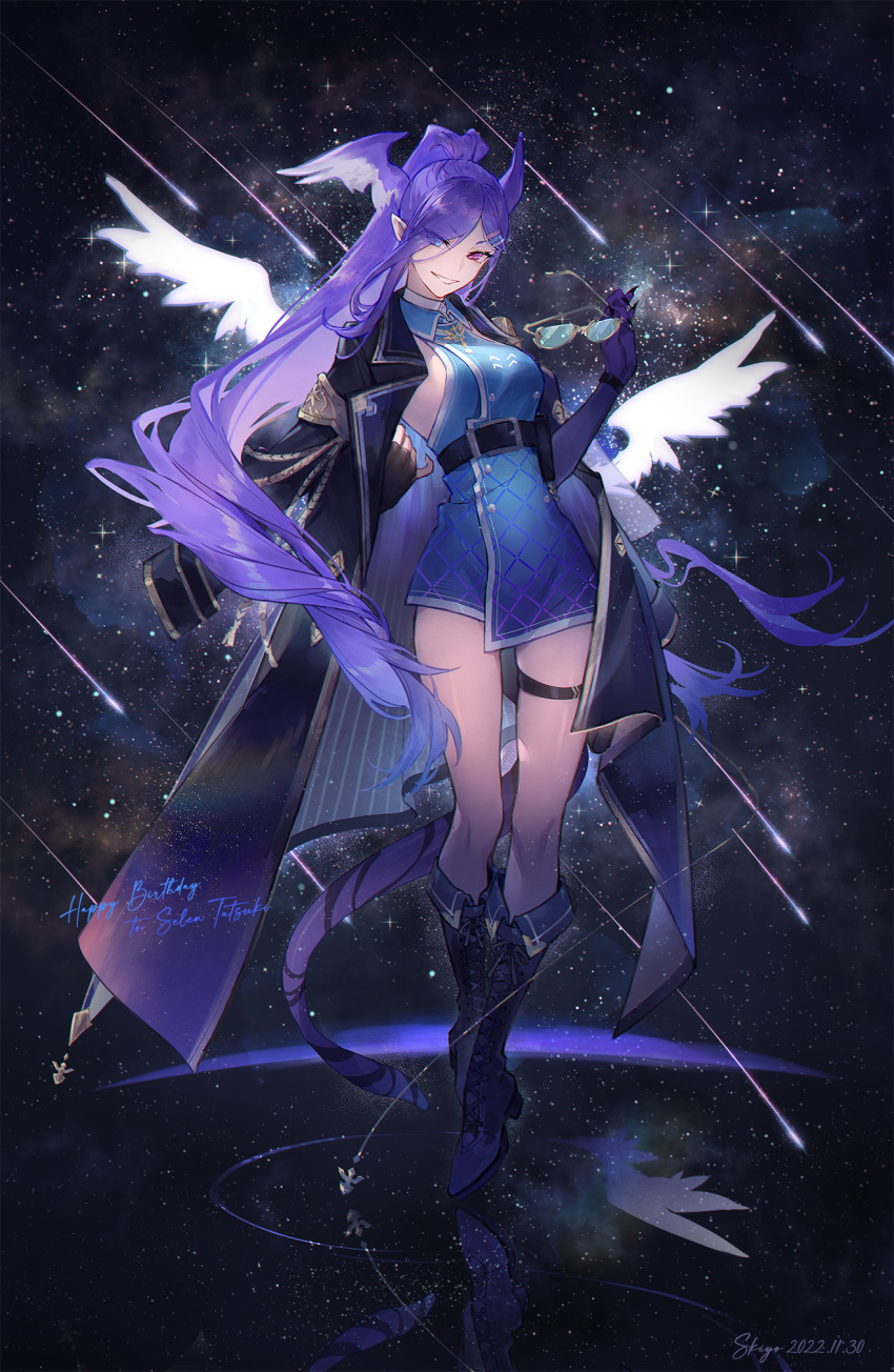 1girl belt blue_eyes coat dragon_tail dress eyewear_removed full_body grin hair_ornament hairclip head_wings heterochromia highres kistina long_hair nijisanji nijisanji_en pink_eyes ponytail purple_hair selen_tatsuki shooting_star smile solo tail thigh_strap very_long_hair