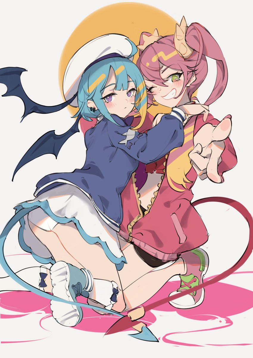 2girls 523_(user_efcm2455) absurdres bike_shorts blue_hair blue_jacket bright_pupils duel_monster ear_piercing grin hand_on_another's_shoulder hand_up hat highres jacket ki-sikil_(yu-gi-oh!) kneehighs lil-la_(yu-gi-oh!) live_twin_ki-sikil live_twin_lil-la looking_at_viewer multicolored_eyes multicolored_hair multiple_girls one_eye_closed open_clothes open_jacket panties piercing pink_hair pink_jacket pointing pointing_at_viewer purple_eyes shoes smile socks streaked_hair tail teeth twintails underwear white_panties white_pupils wings yu-gi-oh!