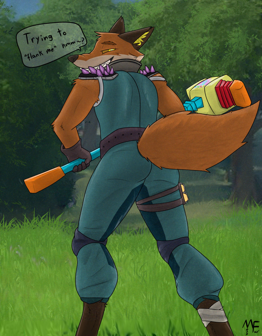 2022 absurd_res anthro bedroom_eyes belt bottomwear brown_body brown_fur butt canid canine clothed clothing collar digital_media_(artwork) epic_games fennix_(fortnite) forest fortnite fox fur gloves half-closed_eyes handwear hi_res holding_object holster leg_holster looking_at_viewer looking_back male mammal mono-fur narrowed_eyes orange_body orange_fur orange_sclera outside pickaxe plant rear_view seductive shoulder_pads smile solo standing tan_body tan_fur topwear tree video_games weapon wrap yellow_body yellow_eyes yellow_fur