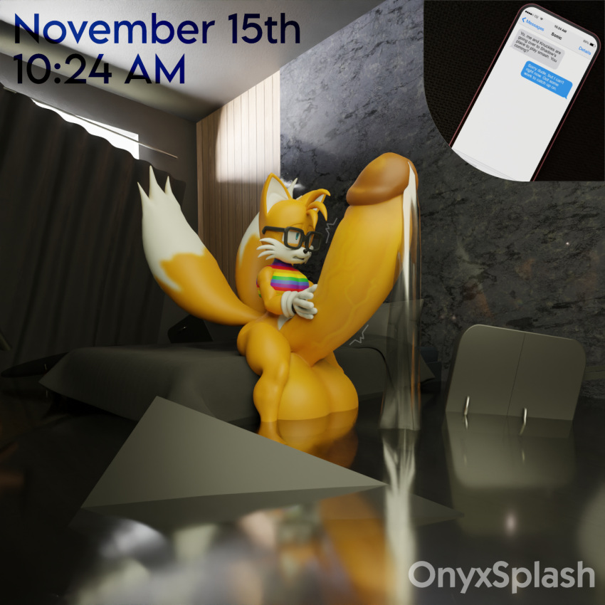 anthro balls bed bedroom big_balls big_penis bodily_fluids canid canine excessive_genital_fluids excessive_precum flooding fox furniture genital_fluids genitals hi_res huge_balls huge_penis hyper hyper_balls hyper_genitalia hyper_penis leaking_precum male mammal meme miles_prower no_nut_november onyxsplash orgasm_denial penis phone phone_screen precum precum_string sega solo sonic_the_hedgehog_(series) text throbbing_penis yellow_balls yellow_body yellow_penis