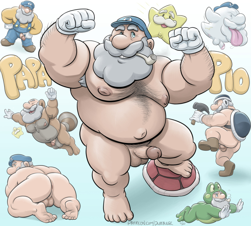 absurd_res amphibian animal_humanoid anus balls beard blue_eyes body_hair boo_(mario) butt butt_slap chest_hair clothing dudebulge facial_hair flaccid flexing frog genitals ghost grey_hair hair hammer_brothers hat headgear headwear hi_res human humanoid koopa mammal mammal_humanoid mario_bros moobs nintendo papa_mario papa_pio penis pipe procyonid procyonid_humanoid raccoon_humanoid scalie slap smoking spirit star swimming video_games white_hair