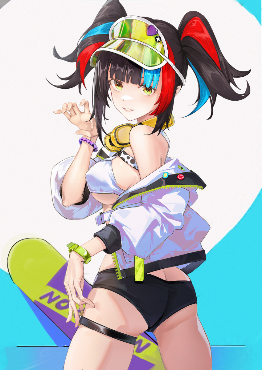 1girl absurdres ass badge bare_shoulders bikini black_hair black_shorts blue_hair blush breasts button_badge chinese_commentary commentary fate/grand_order fate_(series) green_headwear headphones headphones_around_neck highres jacket large_breasts long_hair long_sleeves looking_at_viewer looking_back multicolored_hair off_shoulder open_clothes open_jacket parted_lips red_hair sei_shounagon_(fate) sei_shounagon_(swimsuit_berserker)_(fate) short_shorts shorts sidelocks skateboard swimsuit thigh_strap thighs twintails twisted_torso visor_cap white_bikini white_jacket wristband yellow_eyes zuihou_de_miao_pa_si
