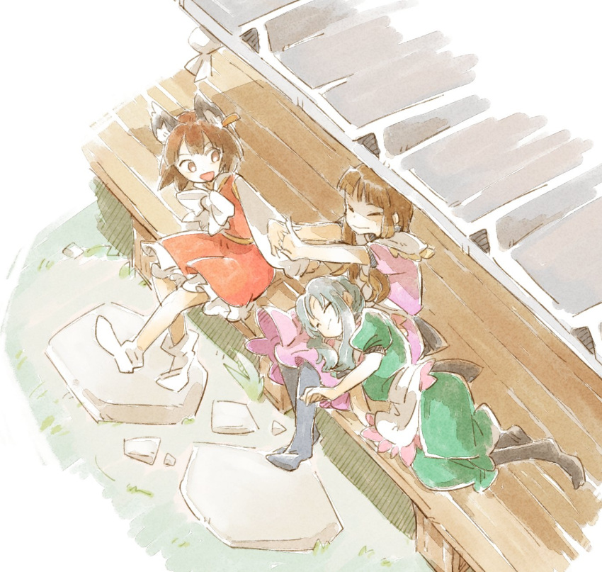 3girls :d animal_ear_fluff animal_ears apron black_pantyhose bow bowtie brown_eyes brown_hair cat_ears chen closed_eyes dress earrings from_above grass green_dress green_hair green_headwear highres jewelry lap_pillow long_hair multiple_girls nishida_satono pantyhose pink_dress puffy_short_sleeves puffy_sleeves red_dress rock short_hair short_sleeves single_earring sitting smile stretching teireida_mai touhou veranda waist_apron white_bow white_bowtie white_footwear ziro_(daydozen)