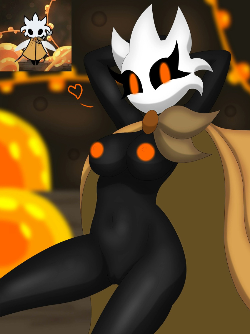 2022 anthro black_body cloak clothing fan_character female glowing glowing_eyes glowing_nipples hi_res hollow_knight horn humanoid infected looking_at_viewer magalnik nipples orange_eyes orange_nipples solo tagme team_cherry veket_(shadygrinder) vessel_(species) video_games white_head