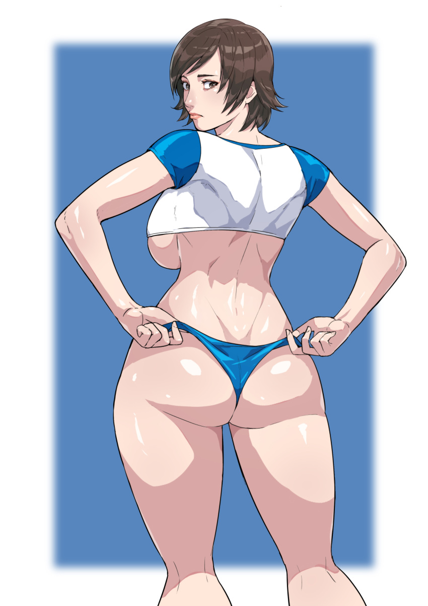 1girl absurdres adjusting_clothes ass blue_background blue_panties blue_shirt border breasts brown_eyes brown_hair cirenk commission highres kazama_asuka looking_back panties shirt solo tekken thighs two-tone_shirt underwear white_border white_shirt