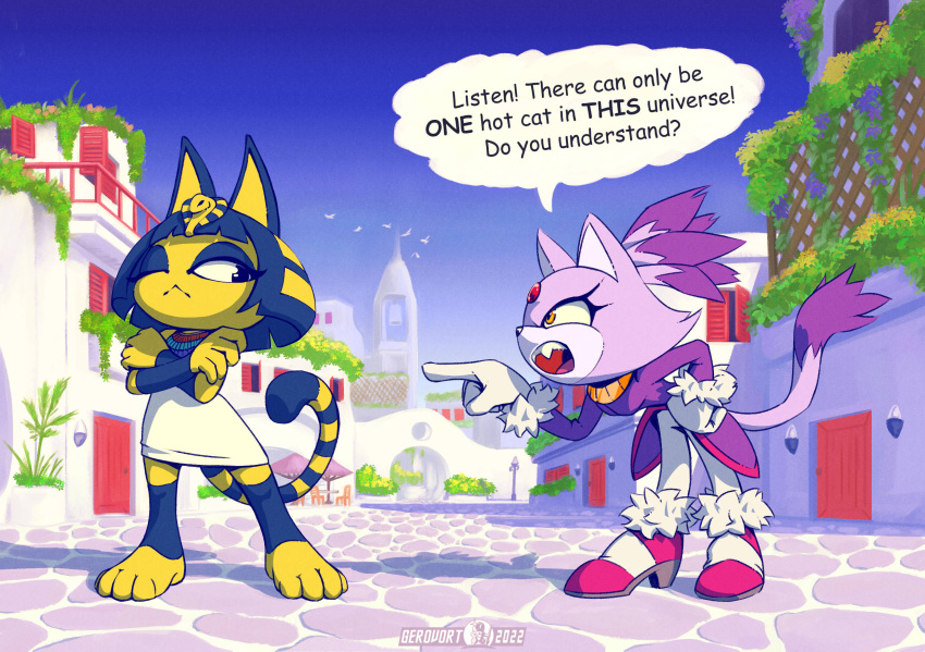 2022 animal_crossing ankha_(animal_crossing) annoyed anthro being_watched blaze_the_cat clothing crossed_arms crossover day detailed_background dialogue duo english_text felid feline female footwear fur gerovort gloves handwear hi_res looking_at_another mammal nintendo one_eye_closed open_mouth plant purple_body purple_fur sega signature sonic_the_hedgehog_(series) speech_bubble teeth text video_games yellow_body yellow_eyes yellow_fur