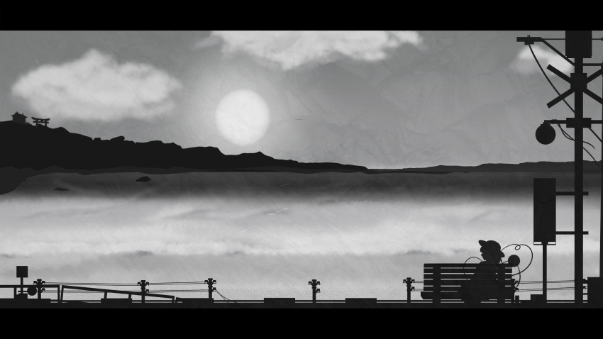 1girl bench cloud commentary_request duojiaomaotou-tougarashi greyscale hat highres horizon komeiji_koishi lake letterboxed monochrome outdoors power_lines scenery shrine silhouette sitting solo sun third_eye torii touhou utility_pole wide_shot