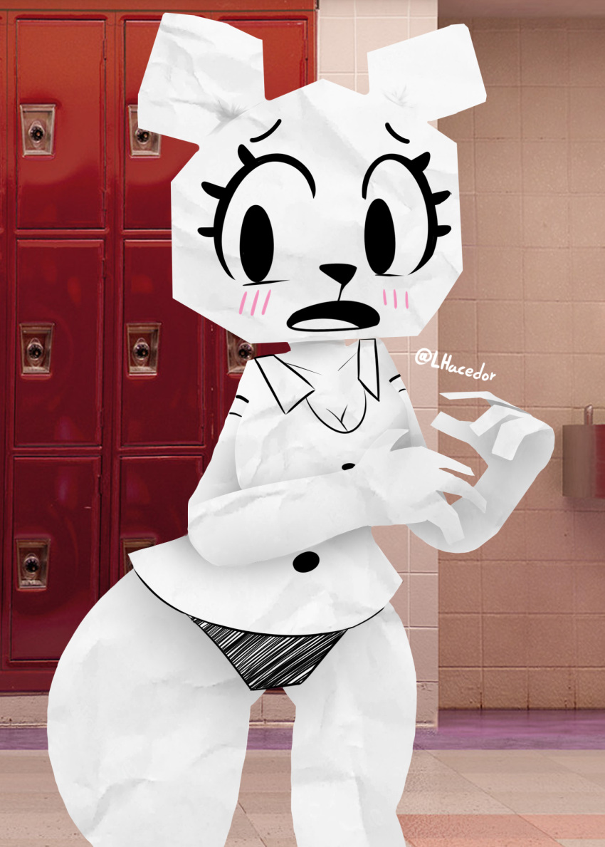 anthro blush blush_lines cartoon_network clothing dot_eyes embarrassed eyelashes female hi_res lhacedor open_mouth panties paper school_uniform solo standing teri_(tawog) the_amazing_world_of_gumball thick_thighs underwear uniform white_body wide_hips