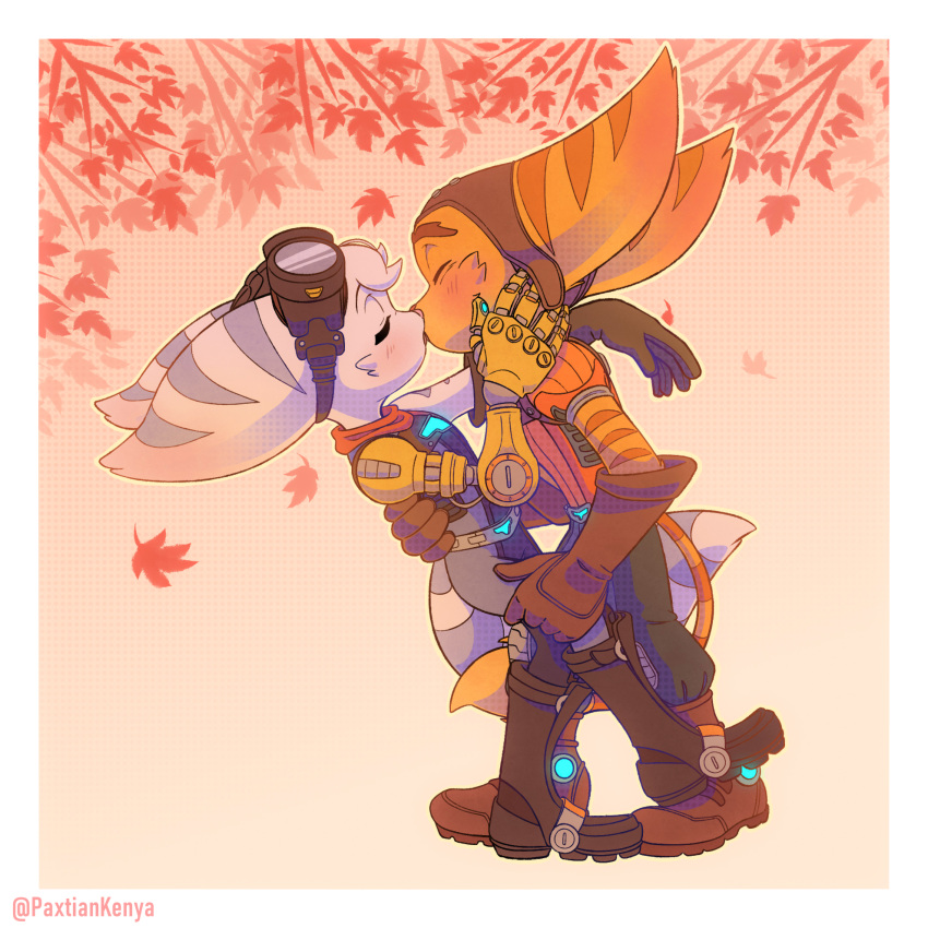autumn autumn_leaves boots clothing duo eyewear eyewear_on_head female footwear gloves goggles goggles_on_head hand_on_face handwear hi_res holding_leg insomniac_games kiss_on_lips kissing lombax love male male/female mammal passionate passionate_kiss paxtiankenya ratchet ratchet_and_clank rivet_(ratchet_and_clank) robotic_arm romantic romantic_ambiance romantic_couple scarf sony_corporation sony_interactive_entertainment video_games