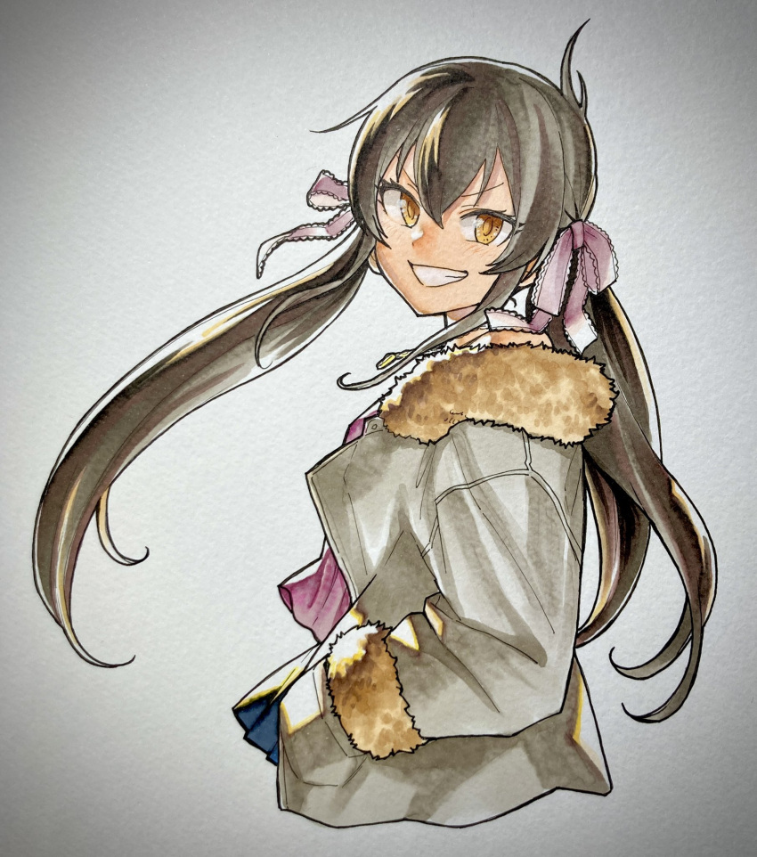 1girl black_hair cropped_legs fur_trim grin hair_between_eyes hair_ribbon hands_in_pockets highres idolmaster idolmaster_cinderella_girls jacket jewelry kyouno long_hair looking_at_viewer marker_(medium) matoba_risa necklace open_clothes open_jacket photo_(medium) pleated_skirt purple_ribbon purple_shirt ribbon shirt skirt smile solo teeth traditional_media twintails yellow_eyes