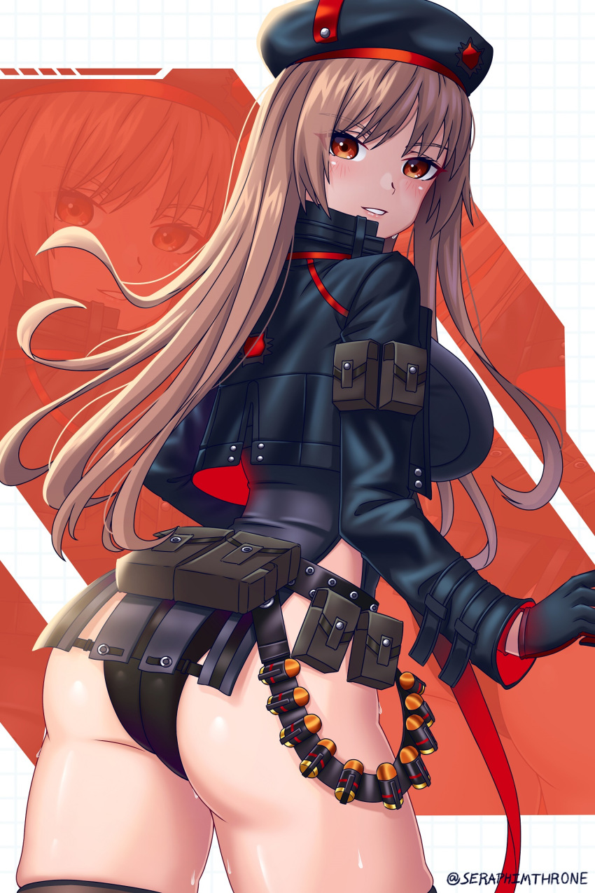 1girl ammunition_belt arm_pouch ass bangs belt_pouch beret black_gloves black_headwear black_jacket black_leotard black_thighhighs breasts brown_hair commentary cowboy_shot cropped_jacket from_behind gloves goddess_of_victory:_nikke hat highres jacket large_breasts leotard long_hair long_sleeves looking_at_viewer parted_lips pouch rapi_(nikke) red_eyes seraphim_throne sidelocks skindentation solo standing sweat thighhighs twitter_username white_background zoom_layer