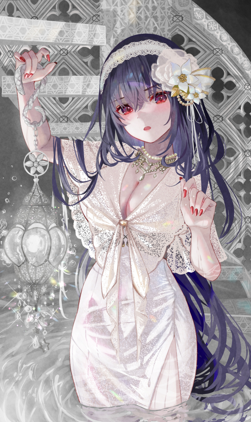 1girl absurdres bangs blush breasts cleavage crystal dress flower glint hair_flower hair_ornament hairband highres holding holding_lantern ito_lab jewelry lantern large_breasts long_hair looking_at_viewer nail_polish necklace open_mouth original purple_hair red_eyes ripples side_slit solo tied_dress very_long_hair wading water