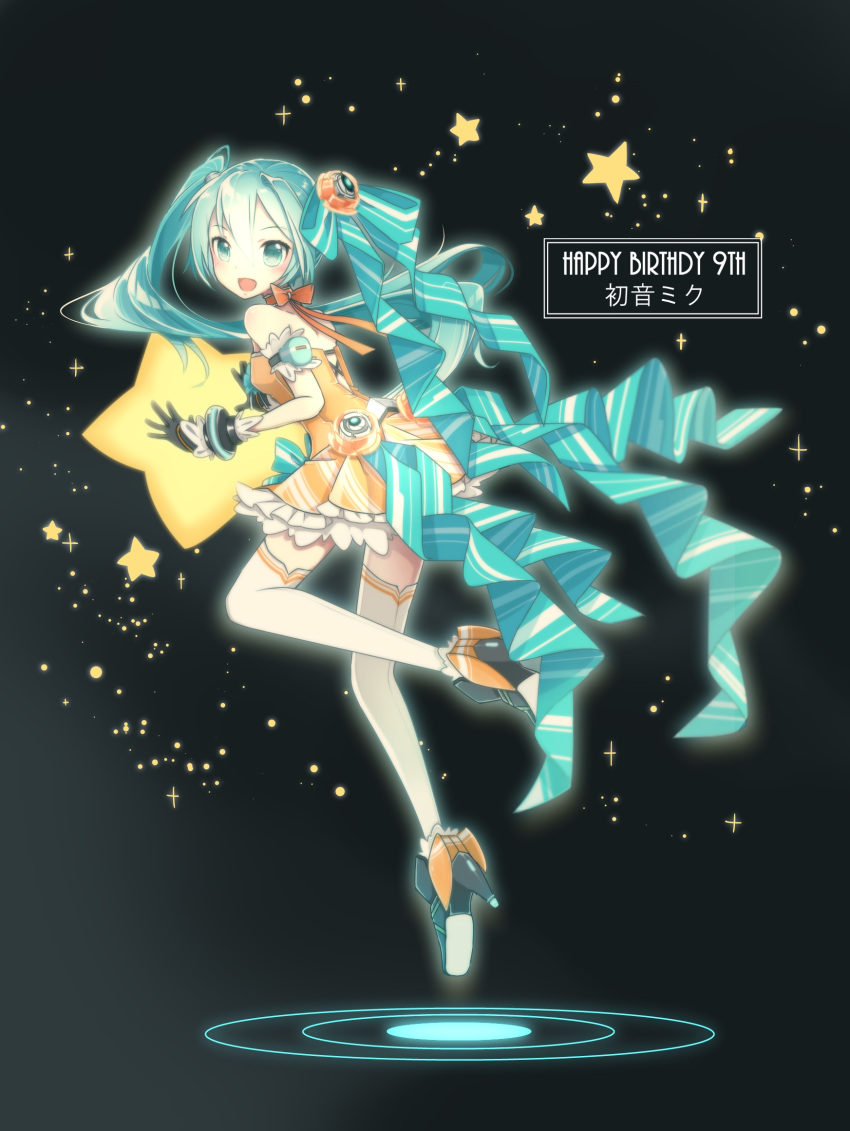 1girl :d armlet bangs blue_eyes blue_hair blush bracelet character_name chuuko_anpu cross-laced_slit dress floating gloves hair_ribbon happy_birthday hatsune_miku high_heels highres jewelry long_hair looking_back open_mouth ribbon ripples side_ponytail smile solo star_(symbol) strapless strapless_dress thighhighs typo very_long_hair vocaloid