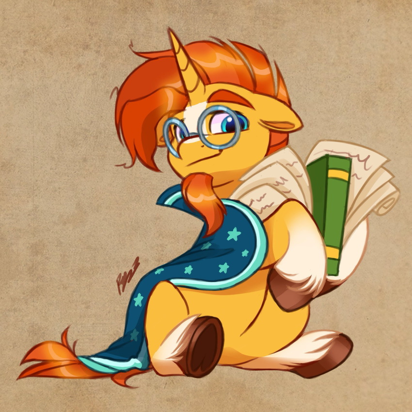 artharuhi beard blue_eyes book brown_hooves cape clothing digital_media_(artwork) equid equine eyebrows eyewear facial_hair feral fetlocks friendship_is_magic glasses hair hasbro hi_res holding_object hooves horn male mammal mane my_little_pony orange_beard orange_hair orange_mane paper sitting solo sunburst_(mlp) thick_eyebrows unicorn yellow_body