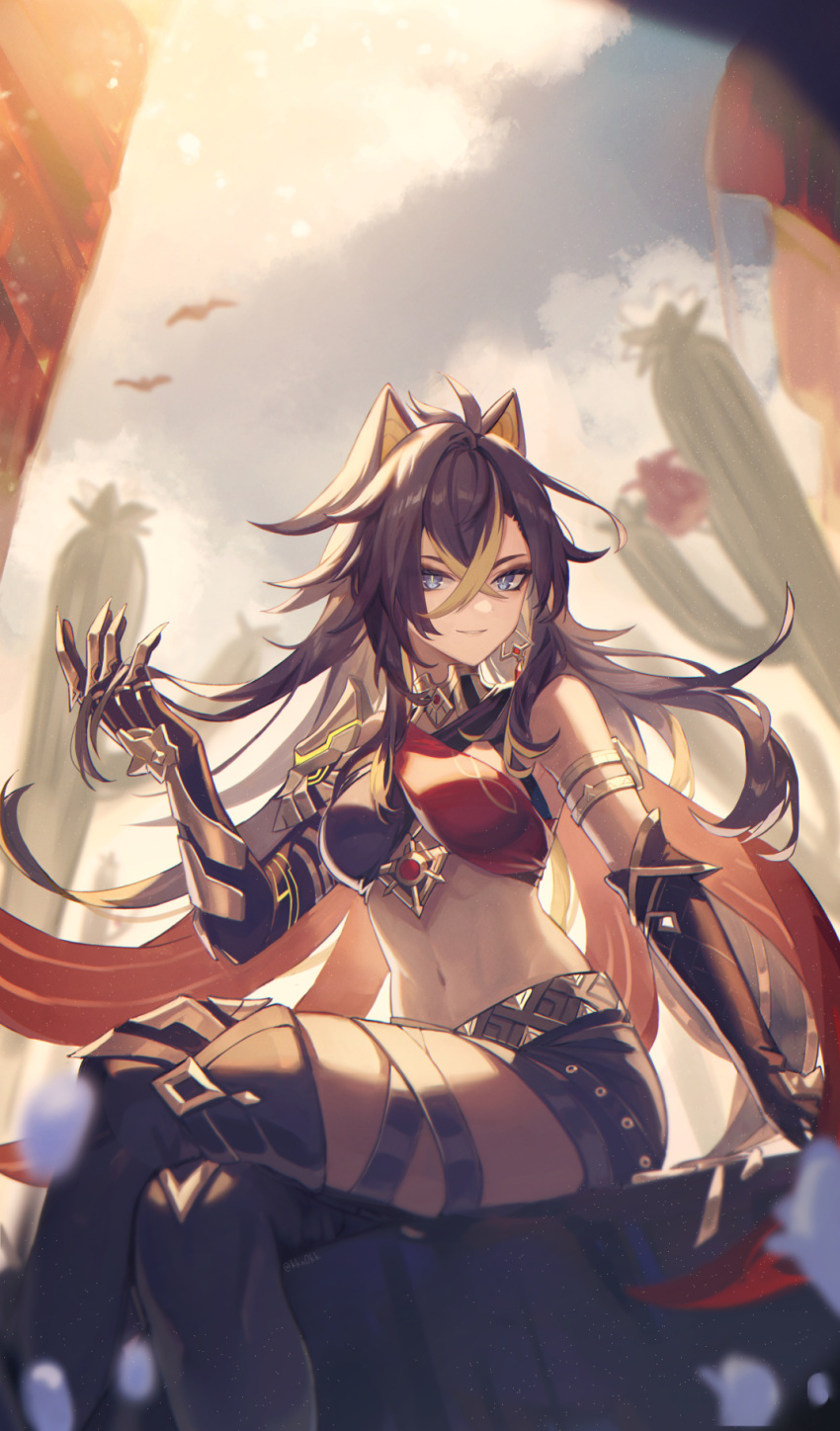 1girl animal_ears armlet armor bangs black_hair blue_eyes blurry blurry_background bright_pupils cactus crossed_bangs crossed_legs dehya_(genshin_impact) dress earrings genshin_impact halter_dress halterneck highres jewelry kino_(m6t2a) looking_at_viewer multicolored_hair navel outdoors parted_lips prosthesis prosthetic_arm short_shorts shorts shoulder_armor slit_pupils smile solo stomach tsurime white_pupils