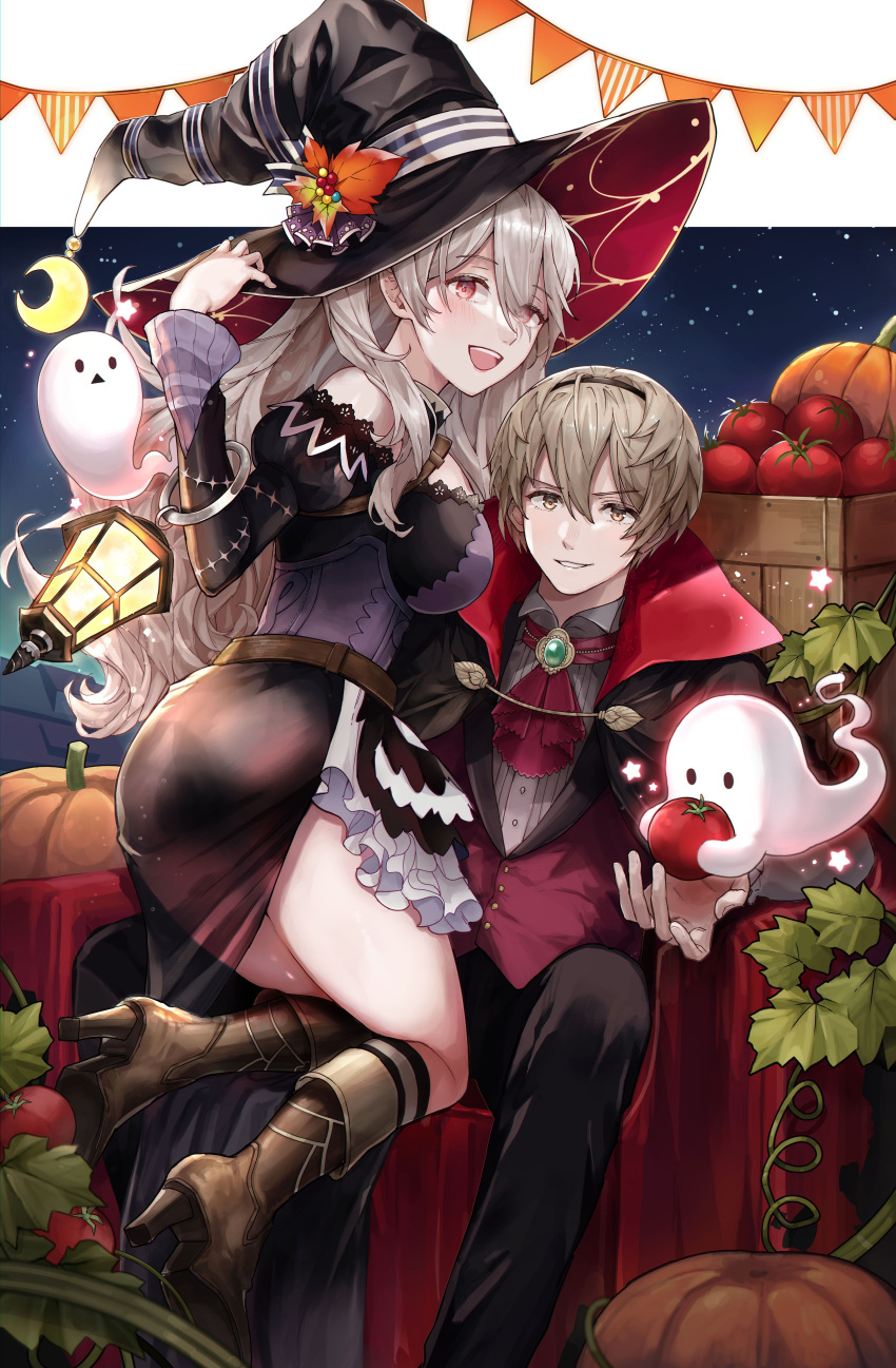 1boy 1girl absurdres black_dress blonde_hair boots corrin_(fire_emblem) corrin_(fire_emblem)_(female) crate crescent_moon dress fire_emblem fire_emblem_fates fire_emblem_heroes formal ghost halloween halloween_costume hat high_heel_boots high_heels highres lantern leo_(fire_emblem) looking_at_viewer moon pumpkin red_eyes red_vest smile sobasakuhin suit tomato vampire_costume vest white_hair witch witch_hat yellow_eyes