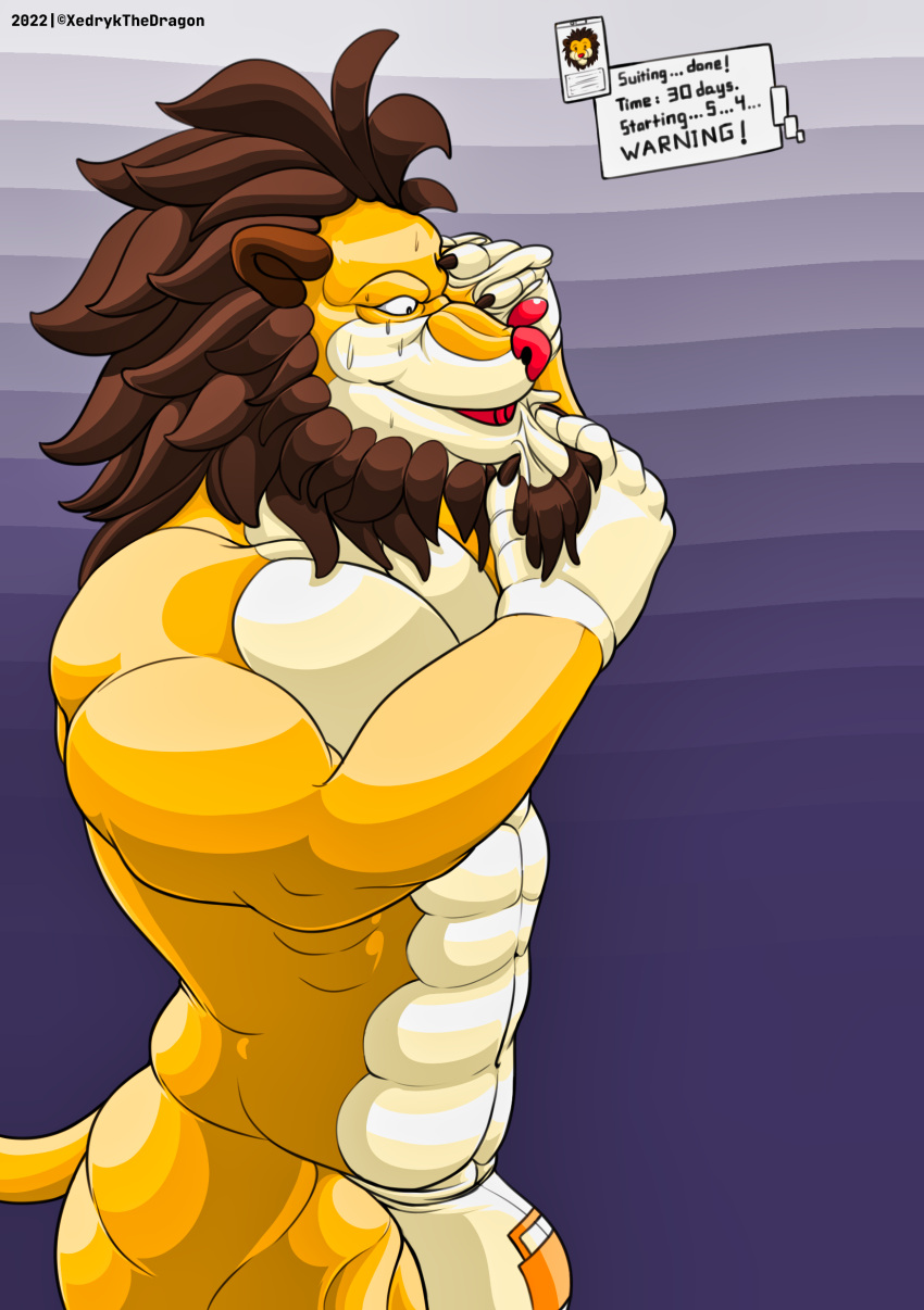 absurd_res anthro chastity_bulge chastity_device clothing drone felid goo_transformation hi_res humanoid latex lion lock male male/male mammal mask pantherine permanent rubber solo struggling stuck suit toysuit transformation xedrykthedragon