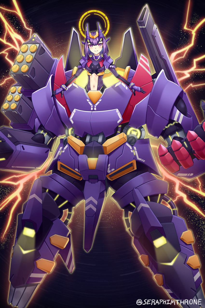 1girl armor bangs black_background blush bodysuit breasts cannon closed_mouth clothing_cutout commentary elbow_gloves electricity full_body gloves hair_between_eyes headgear highres looking_at_viewer mecha_musume medium_breasts navel navel_cutout original purple_bodysuit purple_eyes purple_gloves purple_hair seraphim_throne short_hair shoulder_armor smile solo twitter_username weapon