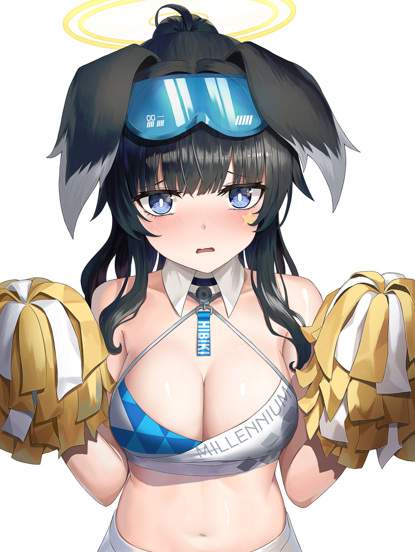 1girl ahoge animal_ears bangs bare_shoulders black_hair blue_archive blue_eyes blush breasts character_name cheerleader cleavage clothes_writing collarbone dog_ears doggo34476335 eyewear_on_head halo hibiki_(blue_archive) hibiki_(cheerleader)_(blue_archive) highres holding holding_pom_poms large_breasts looking_at_viewer medium_hair midriff navel official_alternate_costume pom_pom_(cheerleading) simple_background solo star_sticker sticker_on_face sunglasses white_background