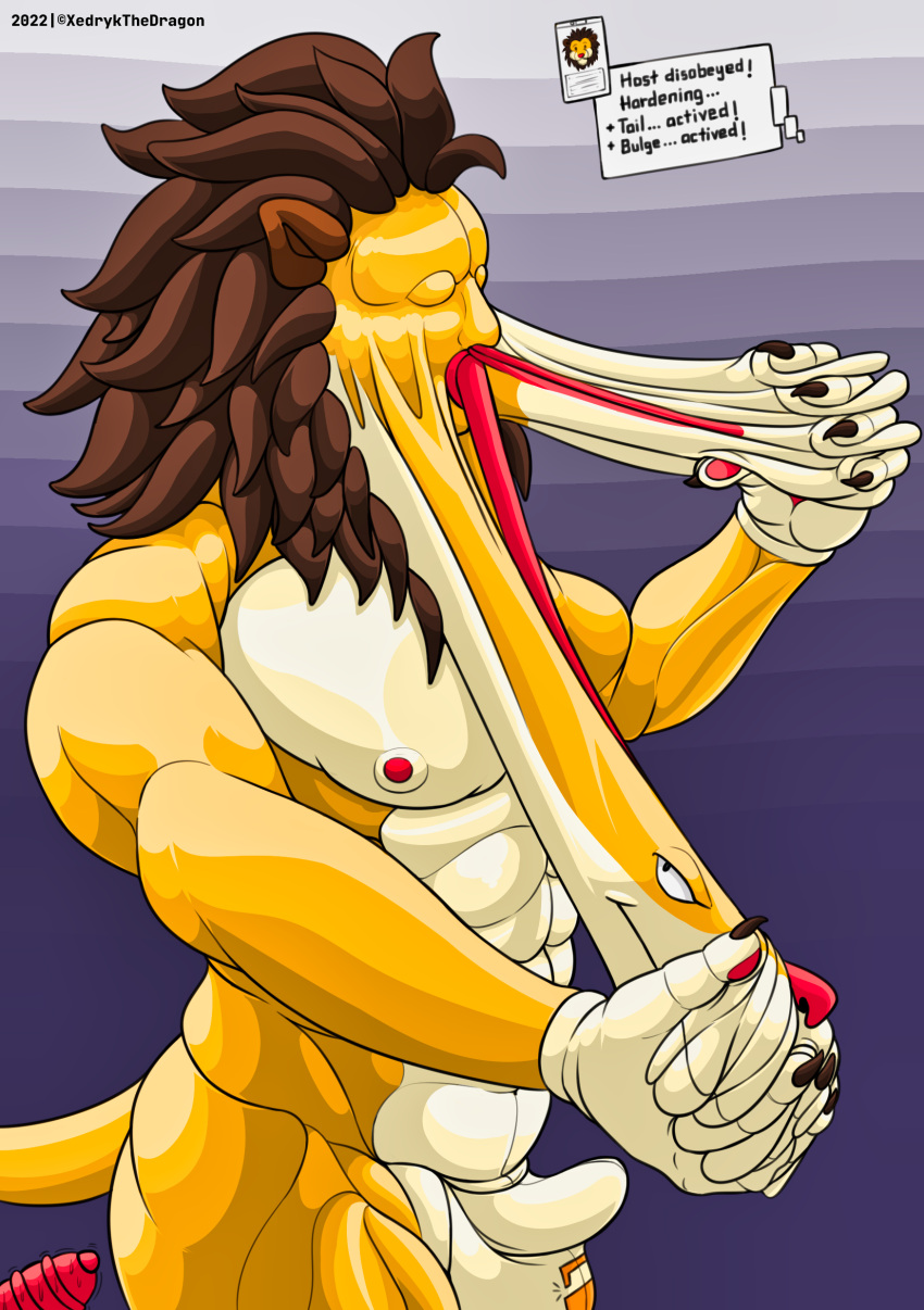 absurd_res anthro chastity_bulge chastity_device clothing drone felid goo_transformation hi_res humanoid latex lion lock male male/male mammal mask pantherine permanent rubber solo struggling stuck suit toysuit transformation xedrykthedragon