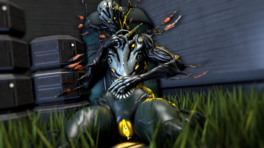 alien bodily_fluids claws faceless_character faceless_female female genital_fluids genitals glowing glowing_genitalia grass hi_res humanoid looking_at_viewer monster null_sfm oberon_(warframe) plant presenting presenting_pussy pussy pussy_juice sitting_on_ground solo tenno teratophilia video_games warframe