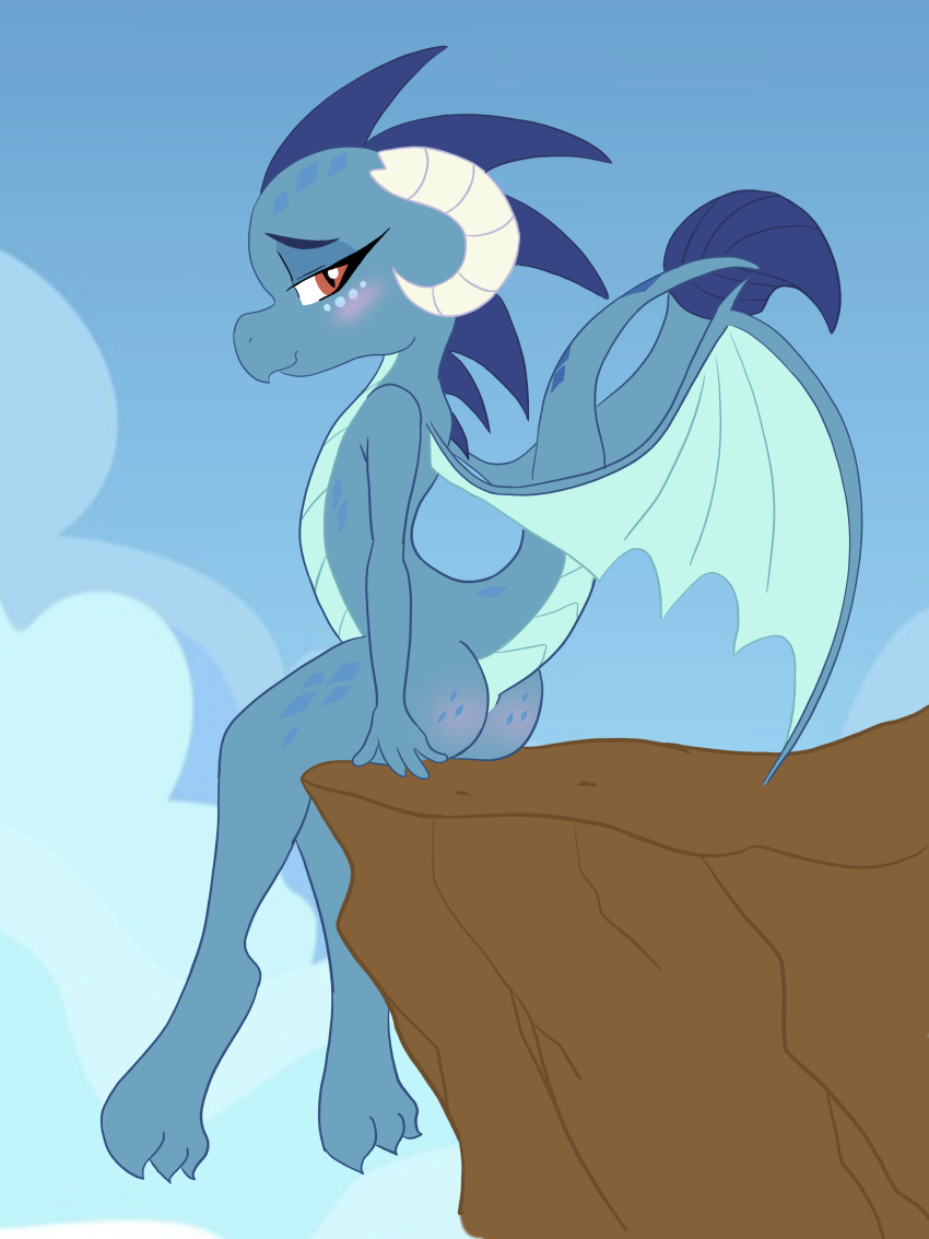 2019 3_toes 4_fingers absurd_res amber_eyes anthro blue_body blue_scales blue_wings blush body_blush butt butt_blush digital_media_(artwork) dragon eyelashes feet female fingers friendship_is_magic full-length_portrait hasbro hi_res horn looking_at_viewer looking_back looking_back_at_viewer my_little_pony portrait princess_ember_(mlp) raised_tail reptile scales scalie shinkaku side_view sitting sitting_on_ledge sky smile solo toes western_dragon wings