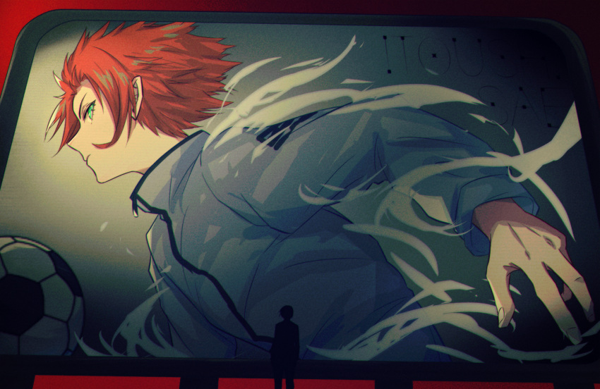 1boy ball blue_lock character_name clothes_writing fingernails from_side green_eyes isagi_yoichi itoshi_sae jacket kotomeiro long_sleeves looking_at_viewer male_focus poster_(object) profile red_hair short_hair silhouette soccer_ball solo standing upper_body visible_air white_jacket zipper_pull_tab