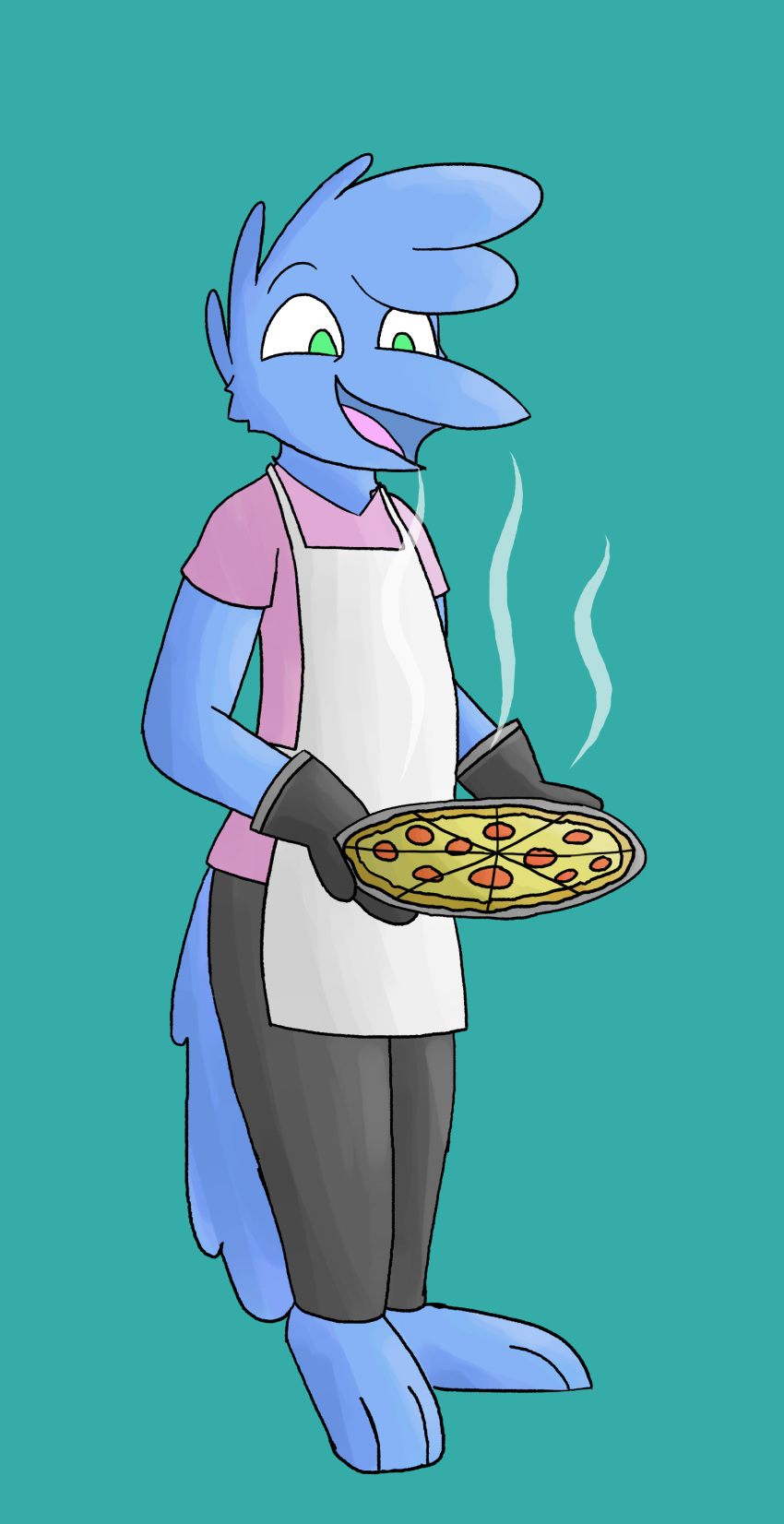 absurd_res anthro apron avian baking_tray bird blue_body blue_feathers bluetwigbird clothing feathers fluffy fluffy_hair food green_eyes hair handwear happy hi_res male oven_mitts pizza shaded simple_background solo teal_background twig_(bluetwigbird)