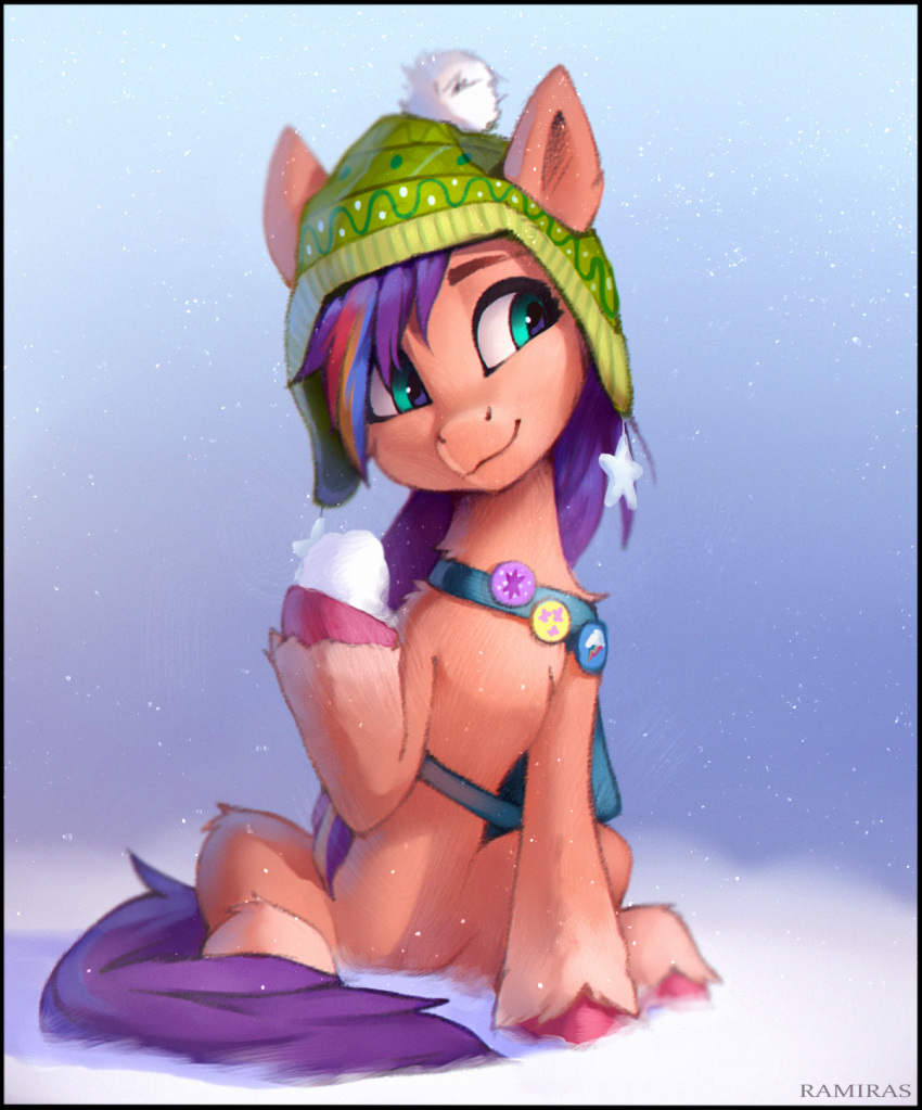 badge digital_media_(artwork) earth_pony equid equine eyebrows female feral fetlocks fur green_eyes hair hasbro hi_res hooves horse mammal mlp_g5 my_little_pony orange_body orange_fur pink_hooves pony purple_hair purple_tail ramiras signature sitting snow snowball solo sunny_starscout_(mlp) tuft winter