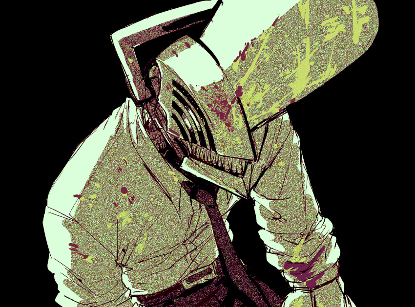 1girl black_background black_necktie blood blood_on_clothes blood_on_weapon chainsaw chainsaw_man collared_shirt dark_background denji_(chainsaw_man) h3b838 hunched_over necktie sharp_teeth shirt sleeves_rolled_up solo stylized_blood teeth weapon white_shirt