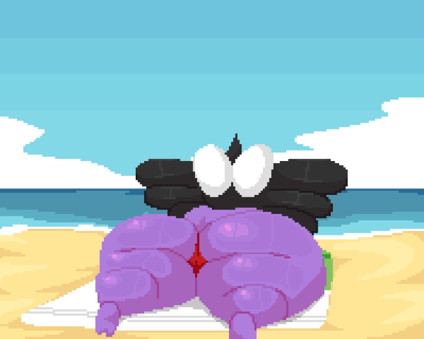 animated beach beach_towel big_butt bikini bikini_bottom bikini_snatching black_hair blue_eyes butt butt_jiggle clothed clothing digital_media_(artwork) eyes_closed female fish_hook fishing_line generation_5_pokemon gothitelle hair huge_butt huge_hips huge_thighs humanoid jiggling lying nintendo nude on_front open_mouth pixel_(artwork) pixel_animation pokemon pokemon_(species) pupils purple_body question_mark seaside short_playtime solo spinneborg swimwear thick_thighs topless towel video_games white_pupils wide_hips