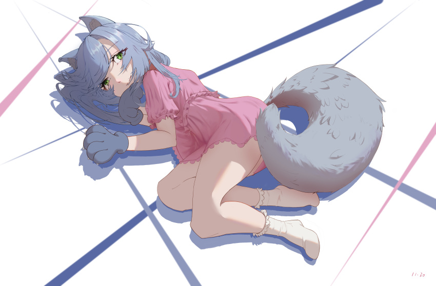 1girl a_f absurdres animal_ears animal_hands commentary_request dated green_eyes grey_hair highres looking_at_viewer lying medium_hair on_side original shadow simple_background smile socks solo tail tail_censor white_socks wolf_ears wolf_girl wolf_tail